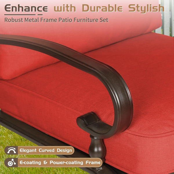 4Pcs Metal Outdoor Furniture Patio Conversation Set (Loveseat and Coffee Table, 2 Dining Chair) -Wrought Iron Patio Chair Set with Cushions (Red)4