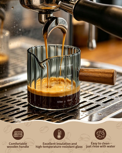 2 Pack Espresso Measuring Cups, 4Oz Borosilicate Glass Espresso Shot Glasses with Wood Handle, V-Shaped Spout Ribbed Milk Frothing Cup, Measuring Cup for Coffee, Latte, Cappuccino, Tea, Syrup3
