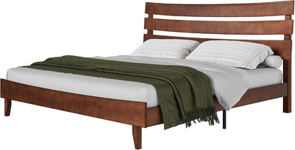 Mid Century Queen Size Solid Wood Platform Bed, Slatted Headboard9