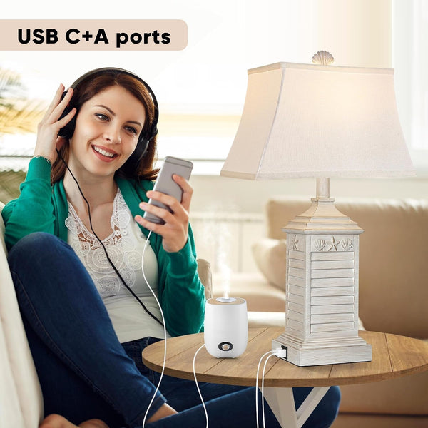 Coastal Table Lamps Set of 2, Beach Living Lamps for Bedroom with USB A+C, Washed White Modern Resin LED 3-Color Temperature Bedside Nautical Decor, Nightstand Tropical Lamps for End Table.3