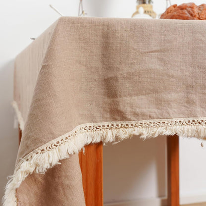 100% Pure Linen Tablecloth with Tassel, Boho Farmhouse Decor Natural Table Cloth for Rectangle Squaretables for Party, Picnic, Kitchen and Dining Room (Khaki, 53 X 53 Inches)7
