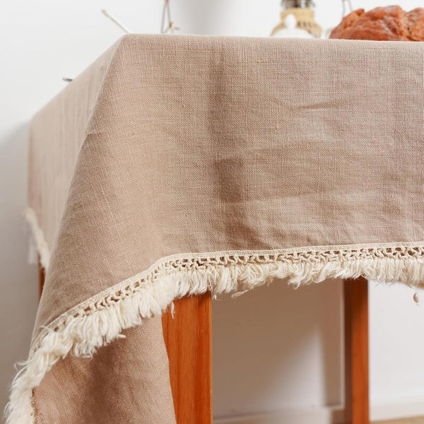 100% Pure Linen Tablecloth with Tassel, Boho Farmhouse Decor Natural Table Cloth for Rectangle Squaretables for Party, Picnic, Kitchen and Dining Room (Khaki, 53 X 53 Inches)7