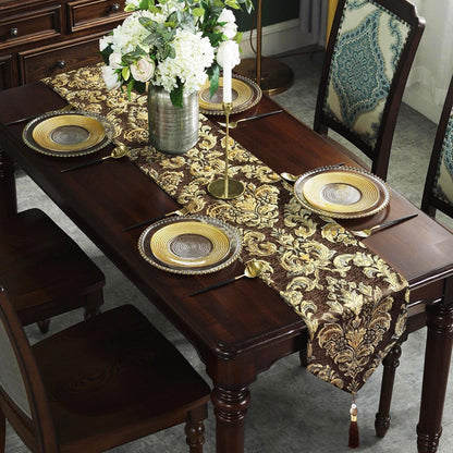 Table Runners Retro Flowers Luxury Jacquard with Tassels Dark Brown 13X603