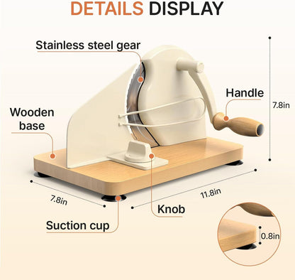 Manual Bread Slicer for Homemade Sourdough, Adjustable Thickness,Hand Crank Bread Cutter with Stainless Steel Blade Slicing Guide, Scale Line Suction Cups & Solid Wood Base2
