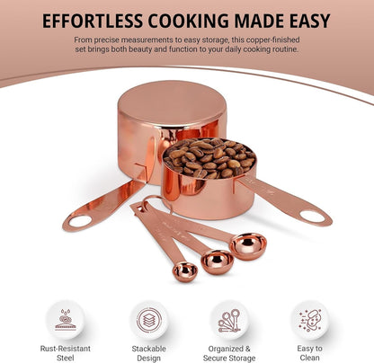 Copper Measuring Cups and Spoons Set - 9-Piece Food-Grade Stainless Steel Measuring Set with 2 Storage Rings for Heavy Duty Cooking & Baking, Rose Gold4