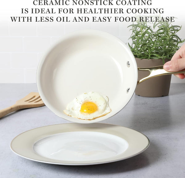 Lockton Premium Non Stick Non Toxic PFA Free Ceramic Interior 10 Piece Heavy Gauge Enamel Aluminum Pots and Pans Cookware Set - Linen White W/Gold Handle3