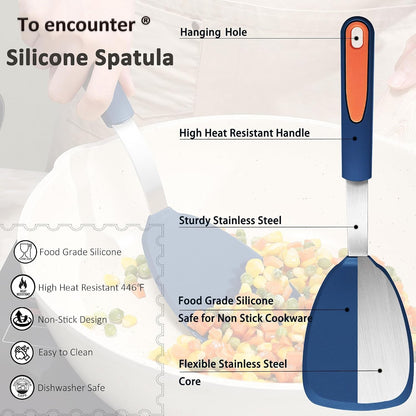 5 Pieces Silicone Spatula Set, Non-Stick Silicone Turner Spatulas, Heat Resistance Cooking Utensils, Flip Turner for Fish, Egg, Pancake, Navy Blue2