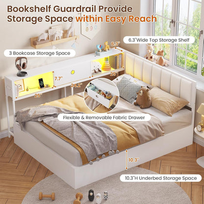 Corner Full Lift up Bed with Hydraulic Storage and Bookcase, White6