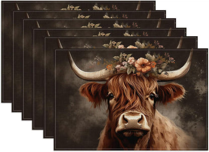 Highland Cow Floral Placemats Set of 6, Washable Heat Resistant Table Mat Animal Linen Place Mats for Party Kitchen Dining Home Decor 12X18 Inch1