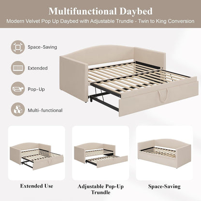 Twin-To-King Velvet Daybed with Extended Pop-Up Trundle, Beige6