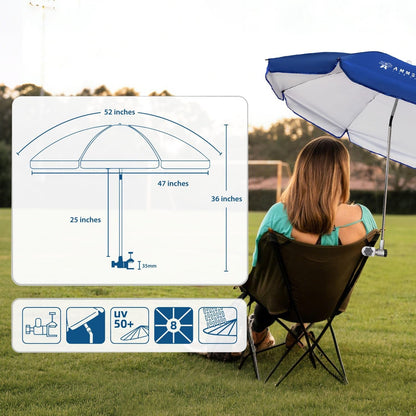 Chair Umbrella with Universal Clamp Adjustable 47 Inches and 360° Swivel & UPF 50+ Protection Portable Sun Umbrella, Secure Clip on Camping/Beach Chairs, Stroller, Wheelchair, Golf Cart, Lounger, Blue, 2 PACK6