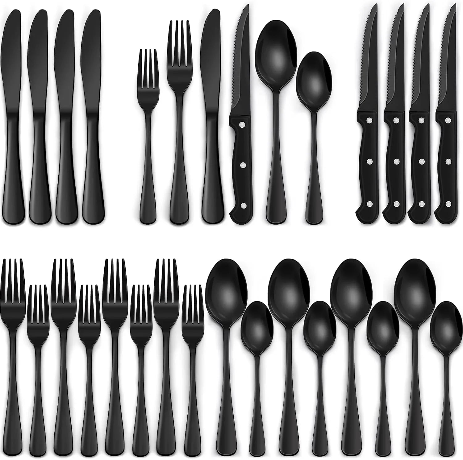 24-piece black stainless steel flatware set including knives, forks, spoons, and steak knives