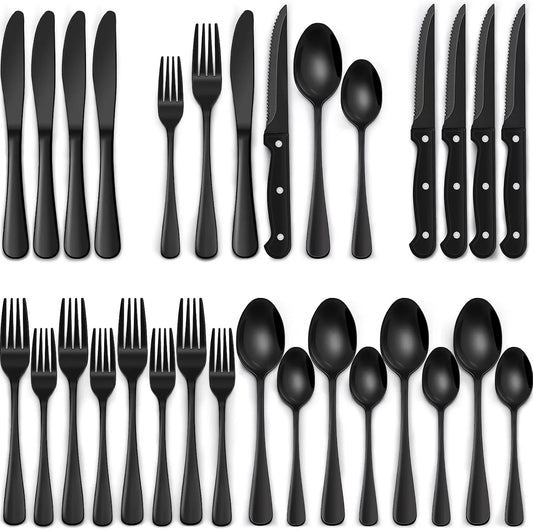 24-piece black stainless steel flatware set including knives, forks, spoons, and steak knives