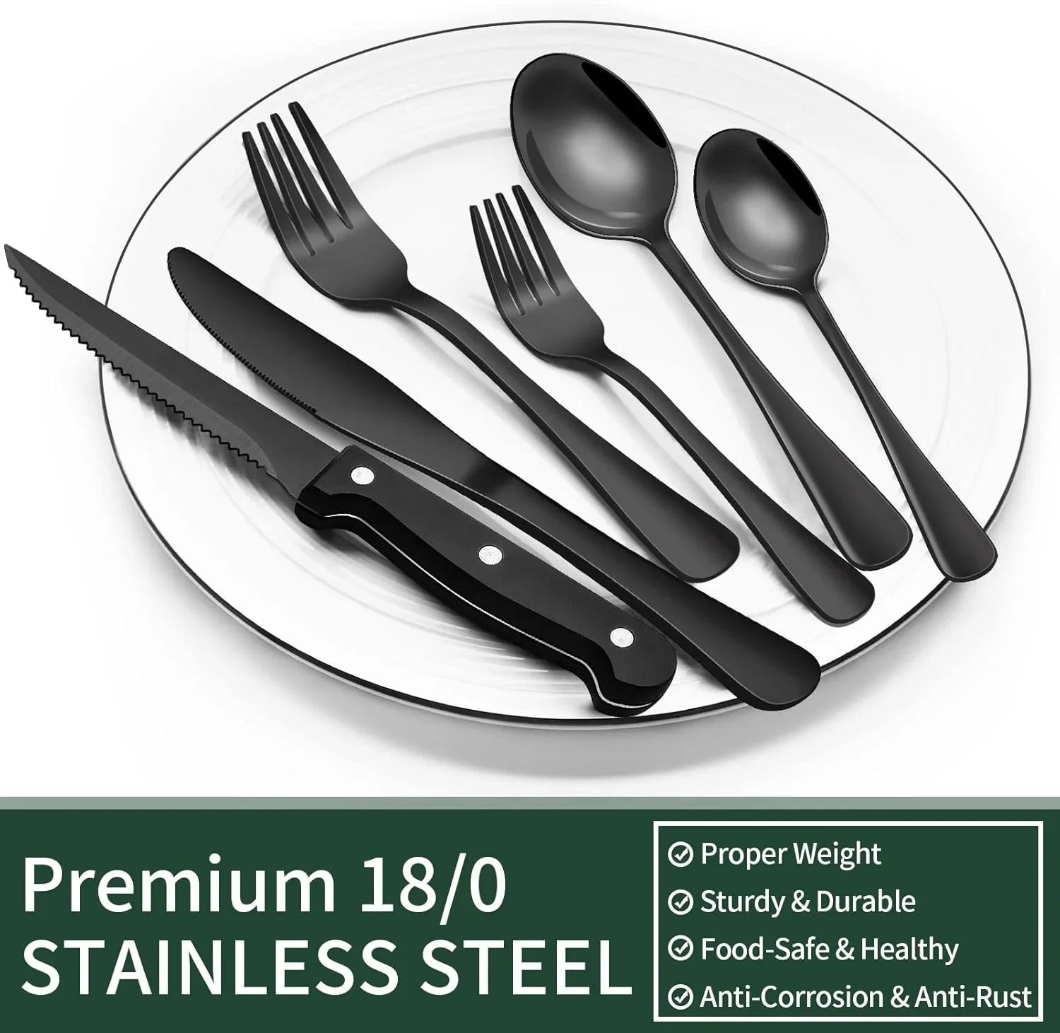 24-piece black stainless steel flatware set including steak knives on white plate