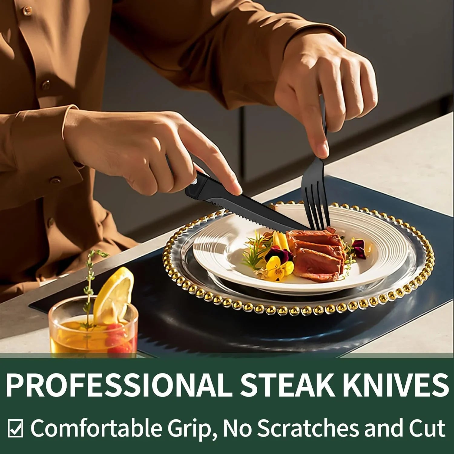 Person cutting steak with black professional steak knives on white plate with decorative edges