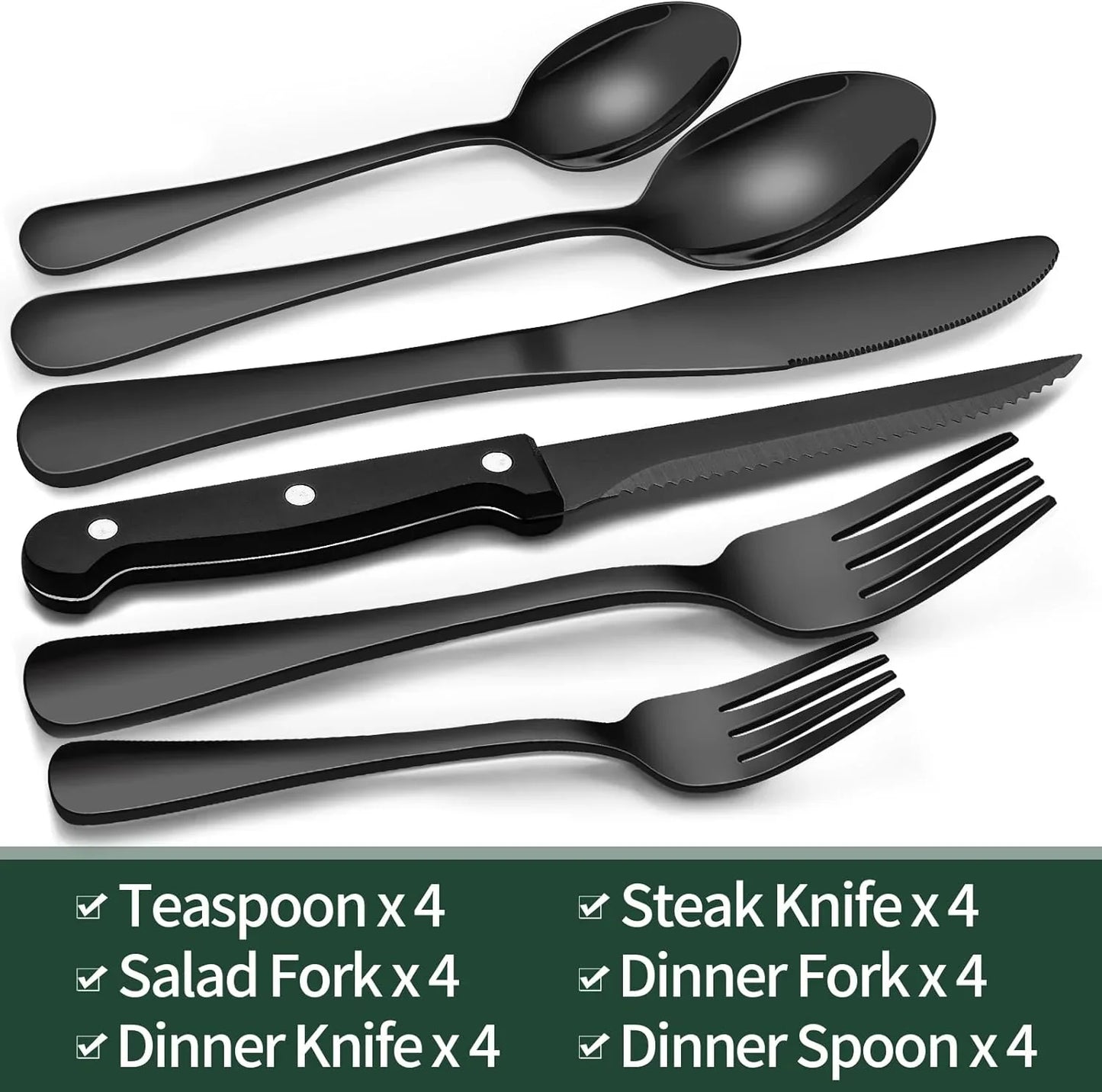 24-piece matte black flatware set with steak knives, spoons, and forks for 4 people