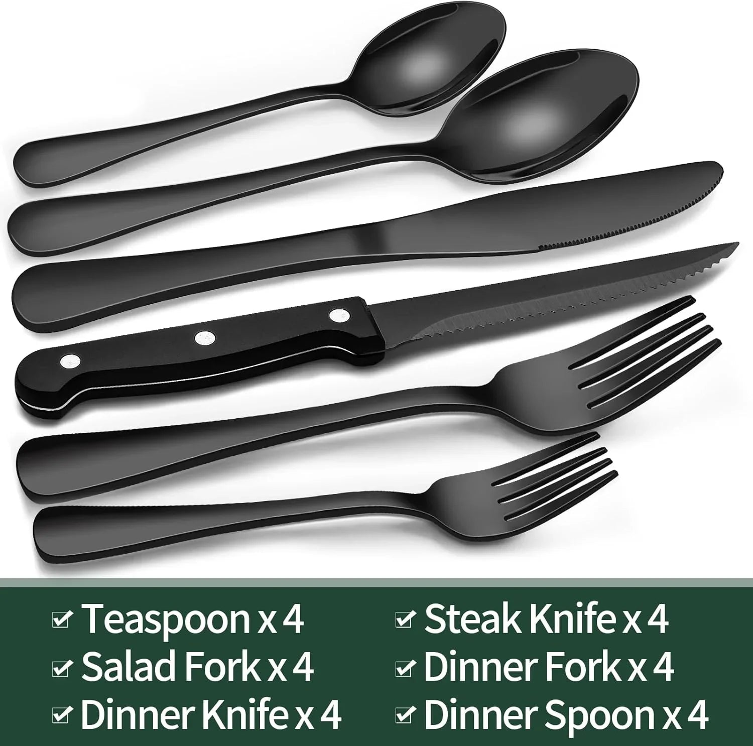 24-piece matte black flatware set with steak knives, spoons, and forks for 4 people