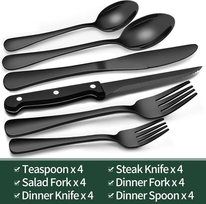 24-piece matte black flatware set with steak knives, spoons, and forks for 4 people