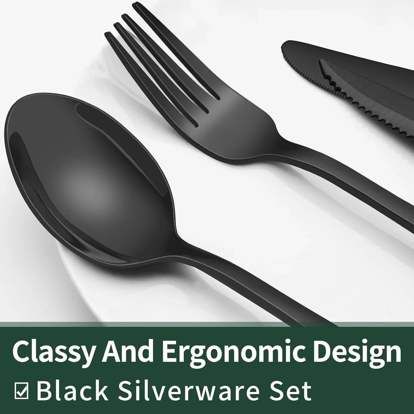 Black stainless steel spoon, fork, and steak knife with ergonomic design on white plate
