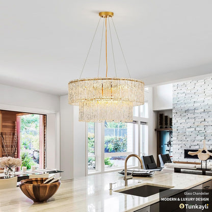 24" Gold Crystal Chandelier, 8-Light Glass Drum Light Fixture6