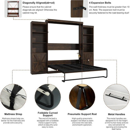 Queen Size Murphy Bed W/2 Storage Cabinet&2 LED Light, Farmhouse Wood Hidden Foldable Wall Bed Frame, Storage Bed Cabinet for Bedroom, Office, Space-Saving, No Box Spring Needed, Brown4
