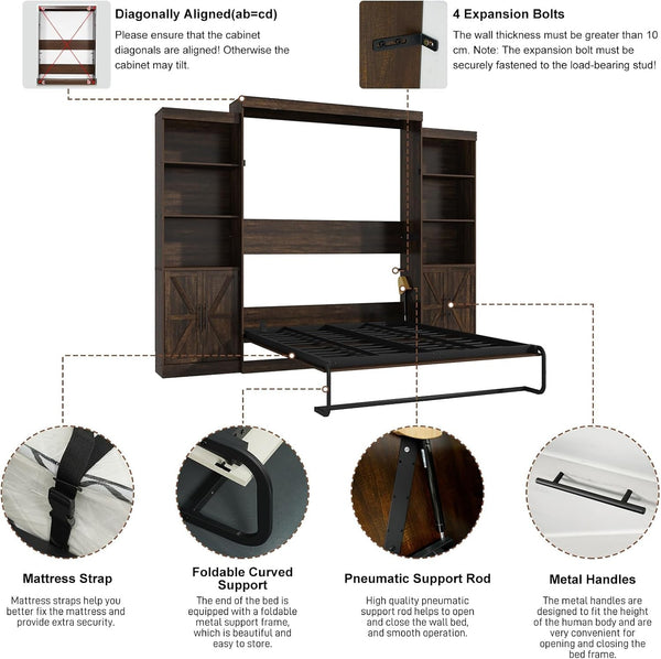 Queen Size Murphy Bed W/2 Storage Cabinet&2 LED Light, Farmhouse Wood Hidden Foldable Wall Bed Frame, Storage Bed Cabinet for Bedroom, Office, Space-Saving, No Box Spring Needed, Brown4