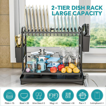 Dish Rack, Dish Drying Rack 2 Tier, Stainless Steel Dish Drainers with Utensil Holder and Drainboard for Kitchen Sink Organizers, 11.875" W X 16.625" D, Black3