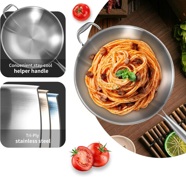 14.5 Inch Stir-Frying Wok Pan with Steel Lid | Tri-Ply Stainless Steel | Induction Cooking Wok Pan | Dishwasher and Oven Safe | Heavy Duty | Detachable Handle4