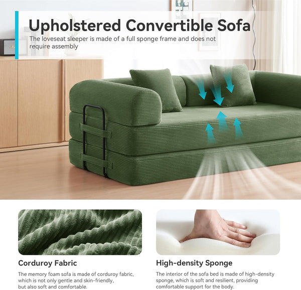 79" Convertible Futon Sofa Bed, Boneless Couch for Living Room (Green)6