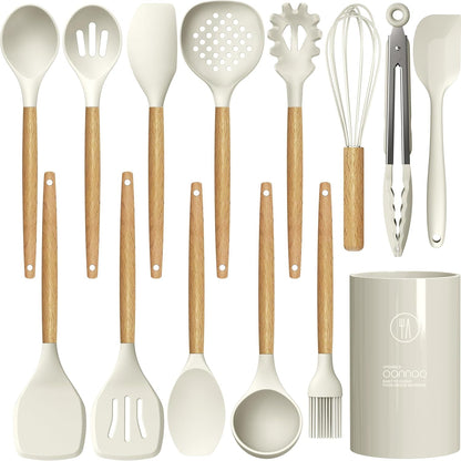 Silicone Cooking Utensils Set - 446°F Heat Resistant Silicone Kitchen Utensils for Cooking,Kitchen Utensil Spatula Set W Wooden Handles, BPA FREE Gadgets for Non-Stick Cookware (Khaki)1