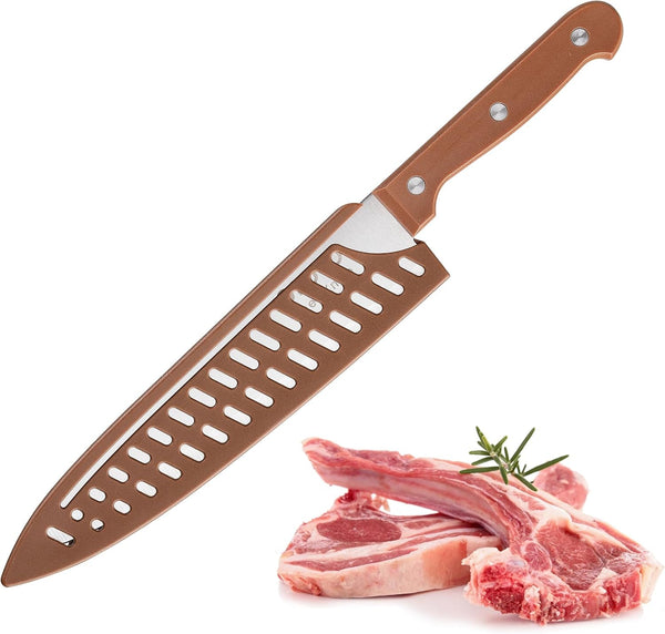 8 Inch Chef Knife, Razor Sharp Kitchen Knife with Protective Knife Sheath, Razor Sharp Slicing Knife with Ergonomic Handle, German Stainless Steel, Dishwasher Safe (Brown Color)9