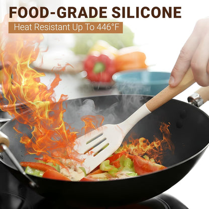 31-Piece Pink Silicone Kitchen Utensil Set with Holder – Heat-Resistant Non-Stick Cooking Tools, Wooden Handles, Measuring Cups & Spoons, Hooks, Tongs, Spatulas4