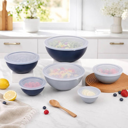 BPA Free Plastic round Mixing Bowl with Lids, 12 Pack Nesting Bowls with Lids Set, Microwave and Dishwasher Safe Prep & Serving Bowls Great for Mixing, Baking, Serving (Haze Blue, 12Pcs)9