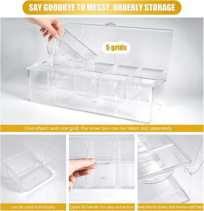 Condiment Tray with Stainless Steel Tableware, Chilled Condiment Server | Bar Accessories with 5 Spoons, 5 Forks and 1 Clip with Removable Trays and Lid6