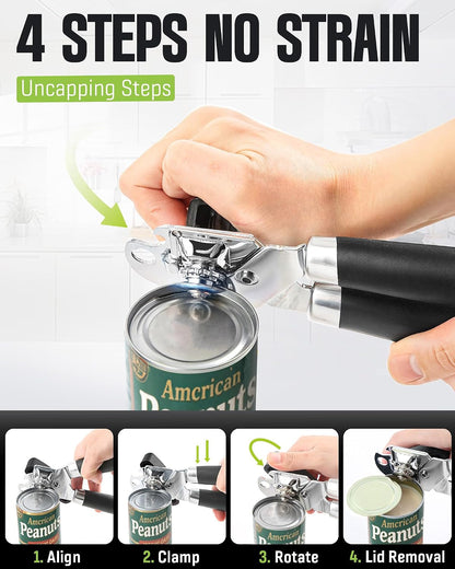 Multifunctional Can Opener Manual, Durable Heavy Duty Handheld Strong Can Opener with Smooth Cutting Edge, Friendly Kitchen Essentials Tool for Seniors, Camping and Bottle Opening-Black3
