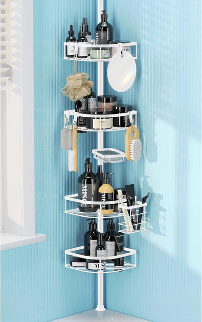 Shower Caddy Tension Pole, 4-Tier Adjustable Corner Shower Standing Caddy, Rustproof Shower Rack for Bathroom Bathtub, with 4 Shelves, No Drilling Shower Shelf for inside Shower (White)1