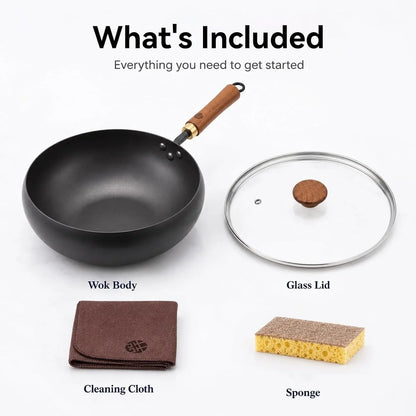 9.5-Inch Carbon Steel Wok with Lid, Flat Bottom Stir Fry Pan | Deep 3.5 QT Bowl for 1–2 Servings; Smooth Carbon Steel Surface; Flat Base for Induction, Gas, Electric and Ceramic Cooktops9