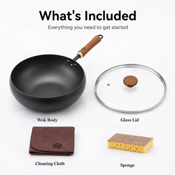 9.5-Inch Carbon Steel Wok with Lid, Flat Bottom Stir Fry Pan | Deep 3.5 QT Bowl for 1–2 Servings; Smooth Carbon Steel Surface; Flat Base for Induction, Gas, Electric and Ceramic Cooktops9