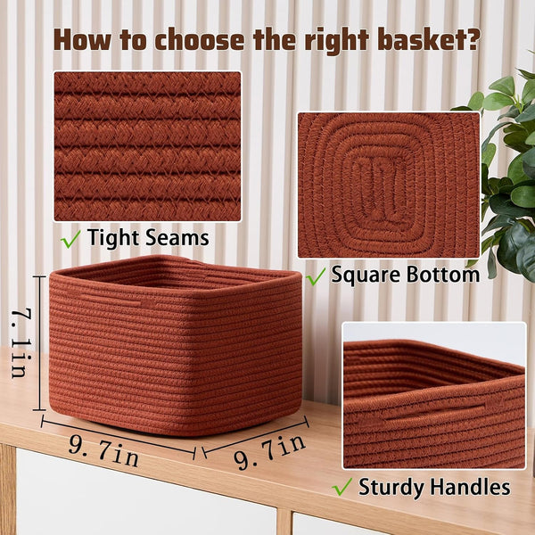 Small Organizing Baskets for Cubes Shelf, 9.7X9.7X7.1 Inch Rope Woven Storage Bins for Nursery Shelves Storage, Cute Toy Basket, Square 3 Packs Oxide Red2