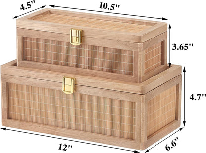 Natural Bamboo Decorative Box with Lids, Unique Decorative Boxes Set of 2, Boho Wedding Keepsake Box, Memory Box with Lid for Crafts, Trinkets and Photo Storage4