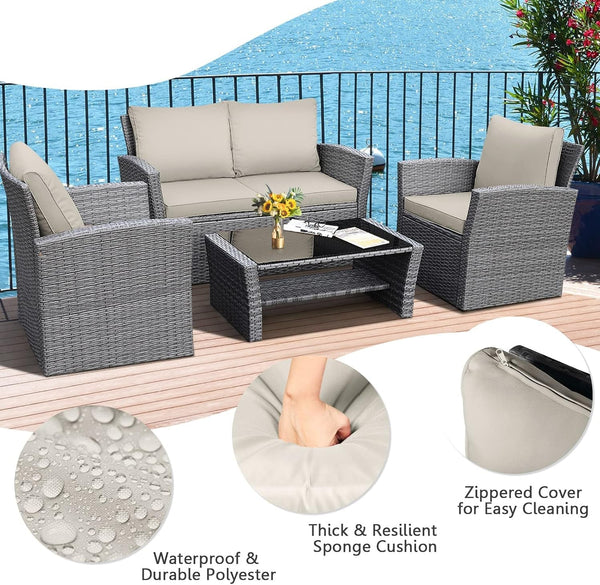 4 Pieces Conversation Set Outdoor Patio Rattan Furniture Set with Cushions and Coffee Table, Sectional Wicker Sofa Set for Garden Porch Balcony Poolside7