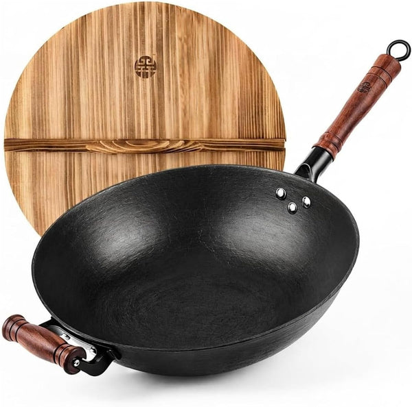 14.2 Inch Cast Iron Wok with Wooden Lid & Handle, Flat Bottom Stir Fry Wok Pan, Turtle-Pattern Textured Uncoated Large Wok Skillet for Induction, Gas & Electric (Seasoning Required) | Uncoated Cast Iron Wok with Wood Lid for Induction, Gas and Electric Stoves; Season before Use.1