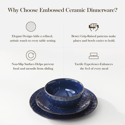 12 Pieces Dinnerware Sets, Modern Plates and Bowls Sets, Blue Dish Set for 4, Kitchen Ceramic Dinner Plates Dishware Set, Microwave and Dishwasher Safe, Series LYDIA8