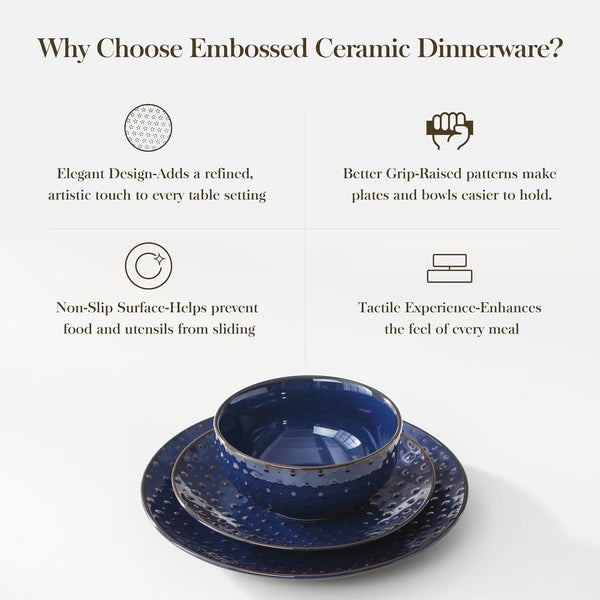 12 Pieces Dinnerware Sets, Modern Plates and Bowls Sets, Blue Dish Set for 4, Kitchen Ceramic Dinner Plates Dishware Set, Microwave and Dishwasher Safe, Series LYDIA8