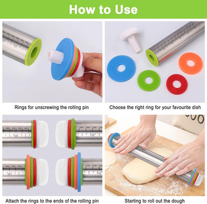 Adjustable Rolling Pin with Thickness Rings for Baking, Stainless Steel Designs Dough Roller Pins for Cookie Decorating Baking Supplies Fondant Cake Baker4