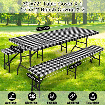 6FT Picnic Table Cover with Bench Covers, Elastic Fitted Tablecloth | Waterproof Washable Rectangle Tablecloths ,Buffalo Plaid Tablecloth for Dining, Camping, Outdoor (Black & White, 30" X 72")9