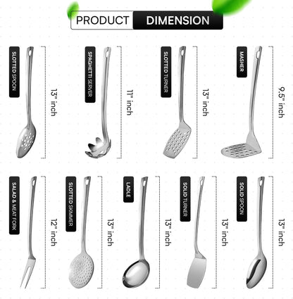 Stainless Steel Cooking Utensils Set 9 Piece, Metal Kitchen Utensil Set 13"2