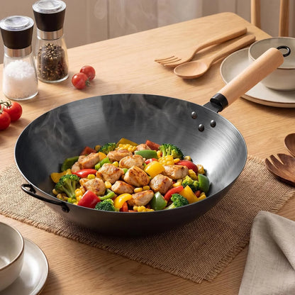 13.5" Carbon Steel Wok Pan, No Chemical Coating, Pre-Seasoned Flat Bottom Pow Wok for Family Meals and Camping, Compatible with Induction, Electric, Gas, Open Fire, Black8