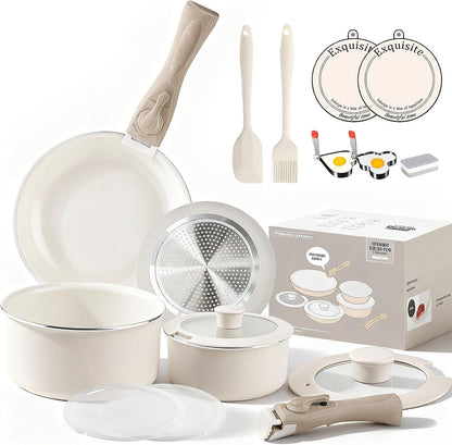 18-Piece Ceramic Nonstick Cookware Set, Pfas/Pfoa/Ptfe-Free & Non-Toxic Pots and Pans Set with Detachable Handles, Dishwasher Safe & Induction Compatible for Kitchen & RV Cooking1
