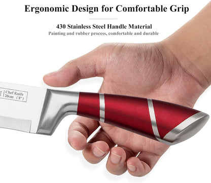 9 Pcs Wine Red Sharp Stainless Steel Kitchen Knife Set with Block for Gift | Non Stick,Chef Knife with Sharpener,Ergonomic Handle,Acrylic Holder,Gift Ready Cutlery Set for Women,Easy Care4